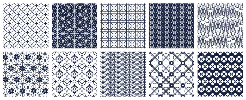 الگوهای هندسی ژاپنی: پس‌زمینه‌های تزئینی شرقی بدون درز، الگوهای تزئینی هندسی. مجموعه‌ای از موتیف‌های سنتی آسیایی وکتور.