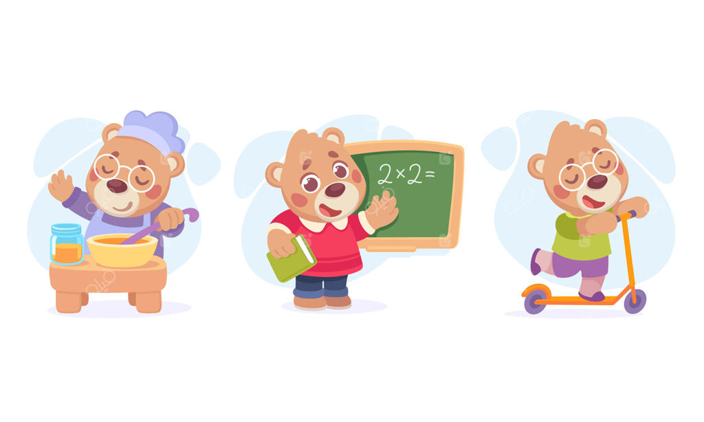 شخصیت‌های بامزه و پشمالوی خرس در حال انجام فعالیت‌های شاد و بازیگوشانه