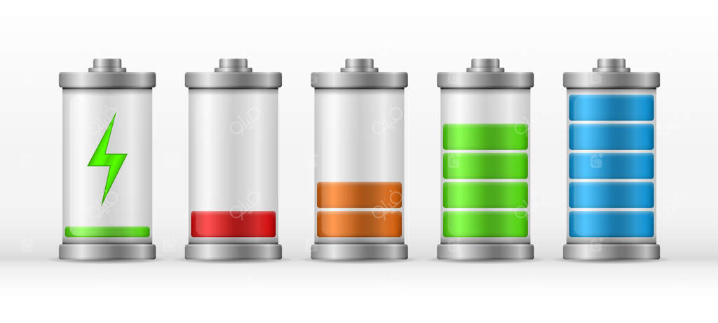 سطح انرژی باتری در حالت شارژ کامل. باتری‌های گوشی که به‌طور کامل شارژ و تخلیه می‌شوند. آیکون‌هایی برای رابط‌های کاربری دستگاه‌ها، اپلیکیشن‌های موبایل، عناصر وب‌سایت و طراحی شما.