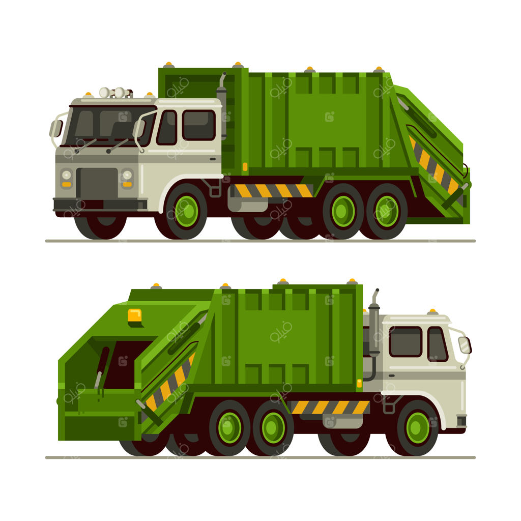 نمای جلویی و پشتی کامیون زباله در سبک تخت