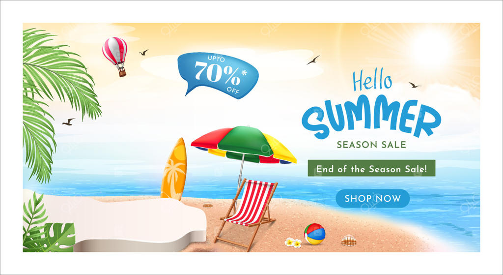 طراحی بنر حراج فصل تابستان با پس‌زمینه ساحل آفتابی و سکو نمایش محصولات