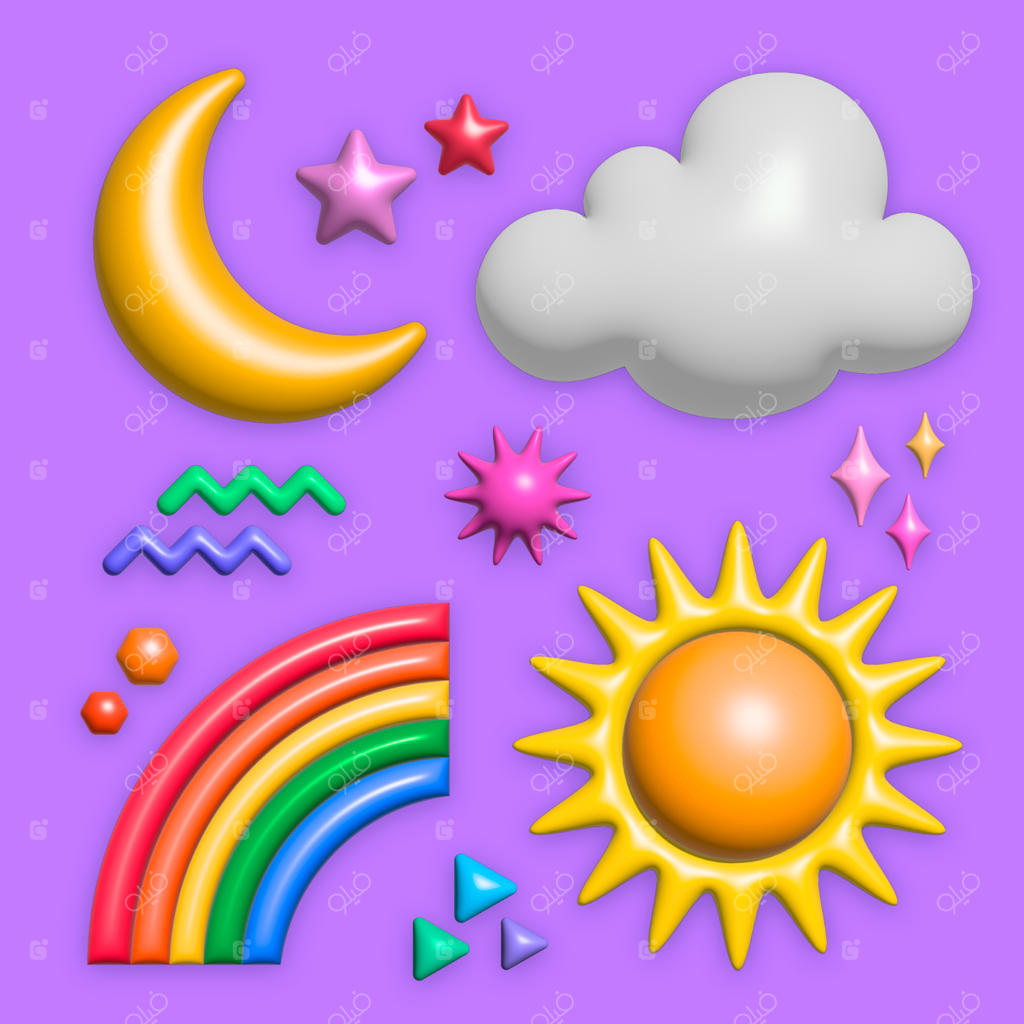 آیکون‌های هوای فانتزی: رندر سه‌بعدی کارتونی از اجرام آسمانی و رنگین‌کمان