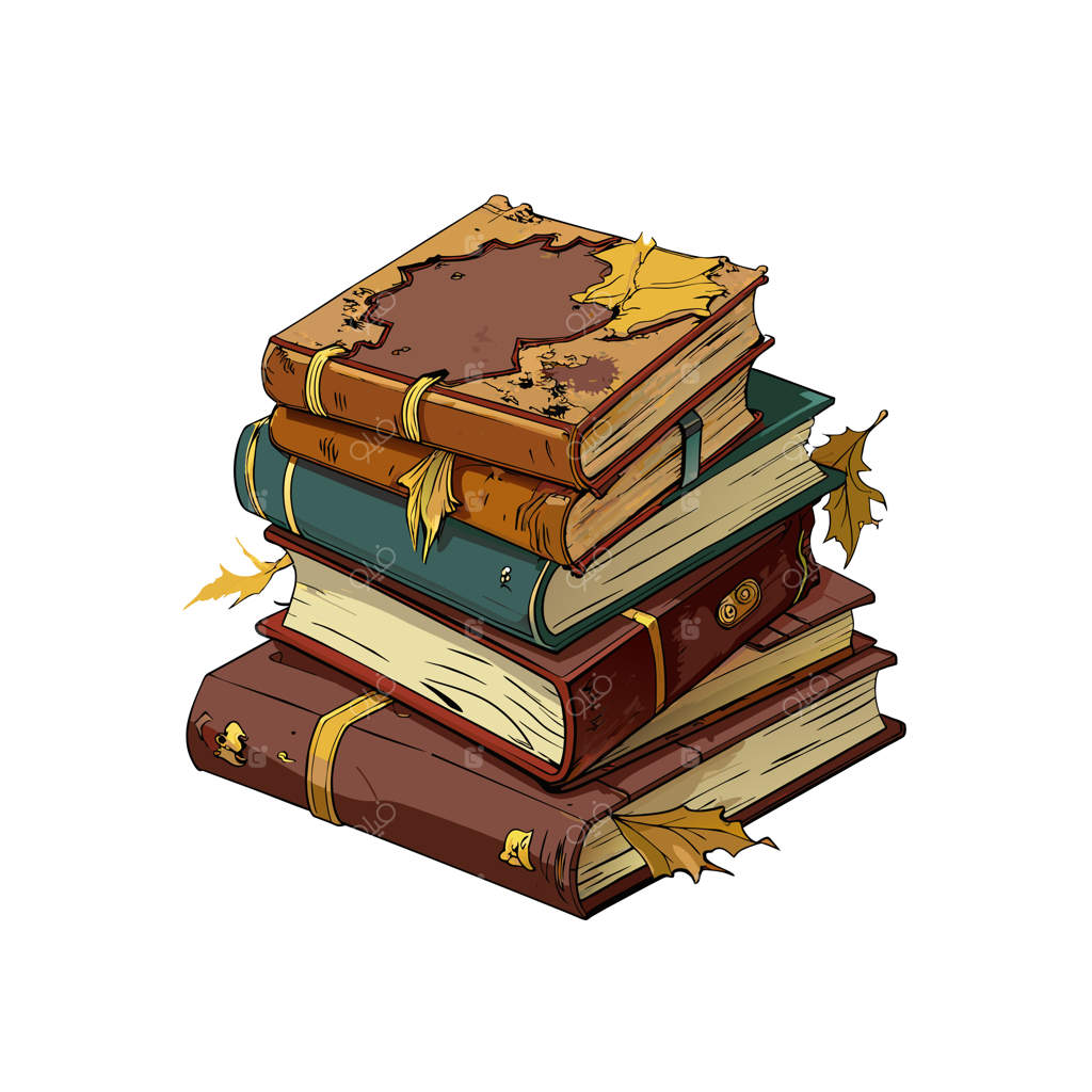 انباشتی از کتاب‌ها با جلد قهوه‌ای و جلد قهوه‌ای با برگ طلایی در بالا