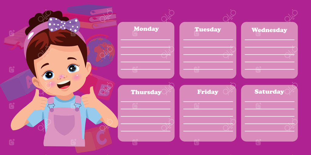 برگشت به مدرسه: جدول زمانی کلاس‌ها. طرح دستی. برنامه‌ریزی آموزشی. جدول کلاسی. قالب هفتگی دانش‌آموزی. تصویرسازی وکتور.