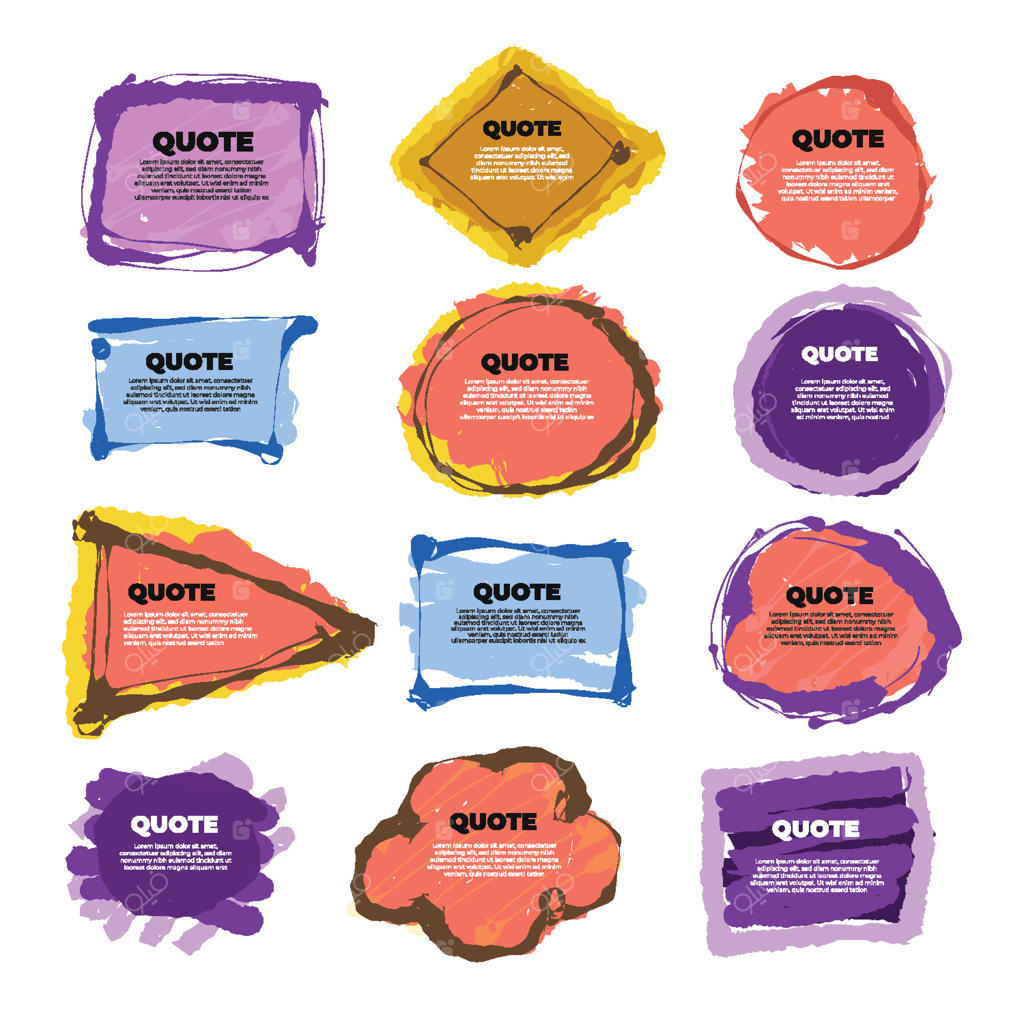 مجموعه‌ای از جعبه‌های نقل قول انتزاعی و رنگارنگ در اشکال متنوع. ایده‌آل برای پست‌های شبکه‌های اجتماعی، برجسته‌سازی متن‌های خلاقانه، بنرها، پوسترها، و عناصر طراحی گرافیک مدرن.