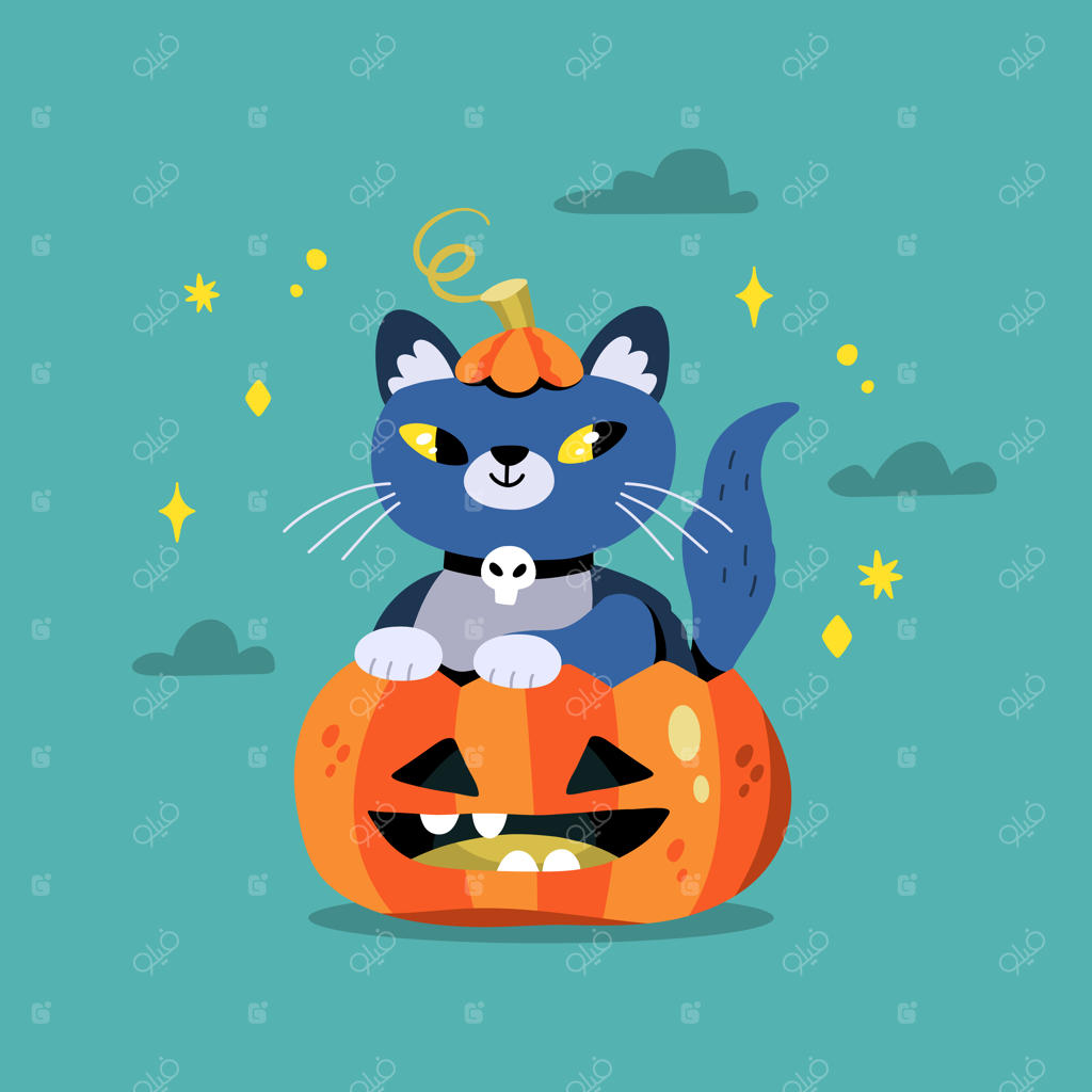 گربه بامزه هالووین با تزیین جمجمه که از داخل کدو تنبل بیرون نگاه می‌کند