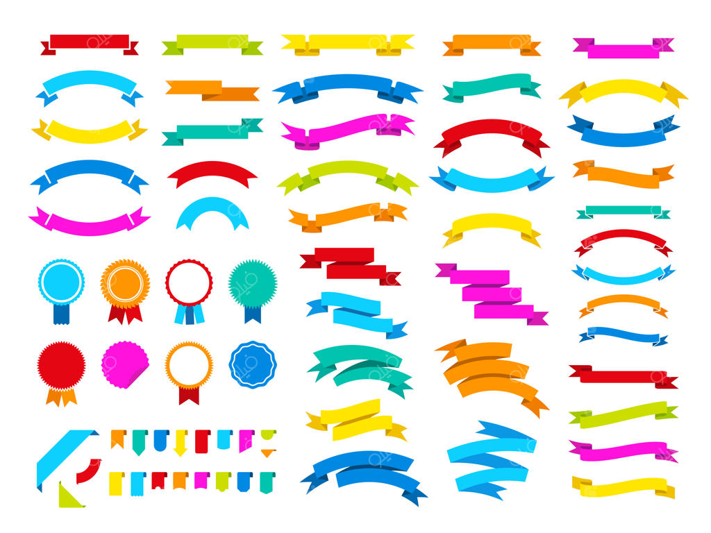 مجموعه‌ای از روبان‌های تزئینی: بنرها، نشان‌ها، لوگوها، برچسب‌های برنده، علامت‌های تبلیغاتی و پرچم‌ها در سبک کلاسیک و زیبا.