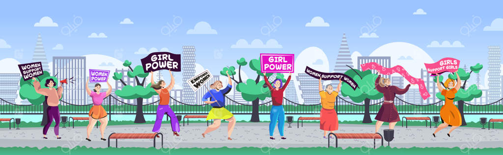 فعالان دختر با پلاکاردها در حرکت توانمندسازی زنان - مفهوم قدرت زنان در پارک شهری - پس‌زمینه افقی شهر