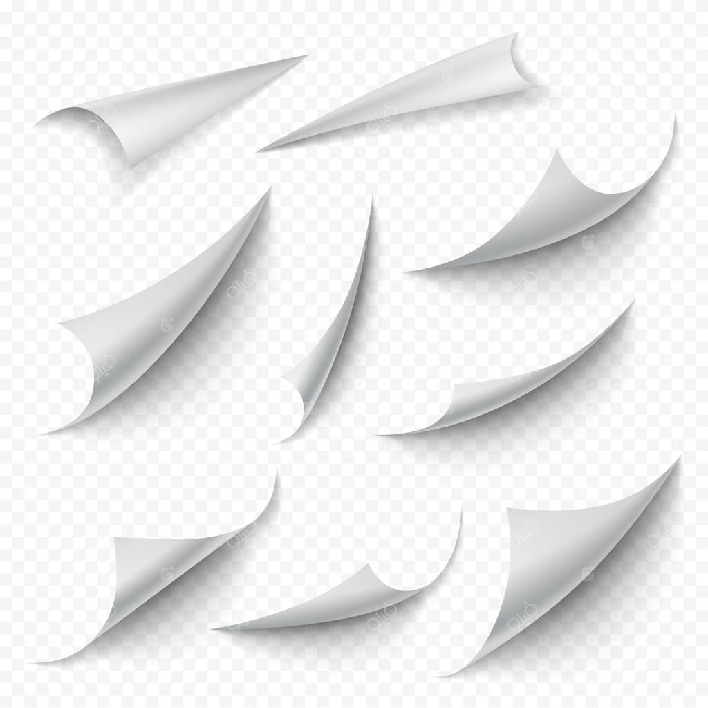 گوشه‌های پیچ‌خورده؛ مجموعه واقع‌گرایانه لبه‌های برگشته، صفحات خالی و خمیده کتاب و افکت ورق خوردن کاغذ سفید