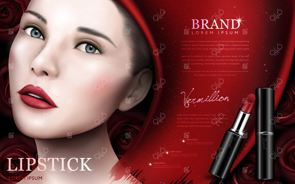 اعلام رژ لب قرمز با مدل و عناصر صورتی، پس‌زمینه قرمز