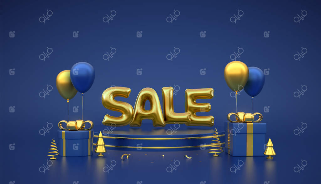 بنر فروش: حروف طلایی "فروش" و صحنه پلتفرم گرد سه‌بعدی بر روی زمینه آبی، سکوی هدایا با روبان طلایی و درختان کاج فلزی، بالون‌های هلیومی جشن، تصویرسازی برداری