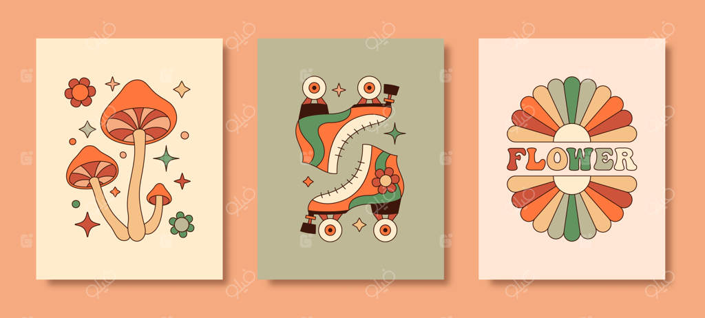 مجموعه پوسترهای دهه ۷۰ هیپی | پس‌زمینه رترو با قارچ‌ها، اسکیت‌ها و گل‌ها