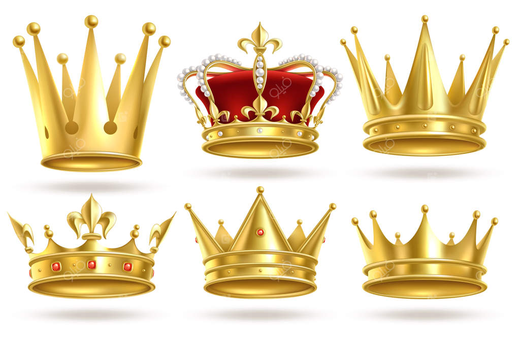 تاج‌های طلایی واقعی: تاج و دیهیم طلای پادشاه، شاهزاده و ملکه، تزئینات شکوهمند سلطنتی. نمادهای پادشاهی.