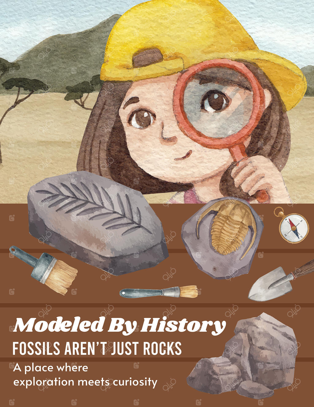 قالب پوستر با مضمون باستان‌شناس فسیل به سبک آبرنگ