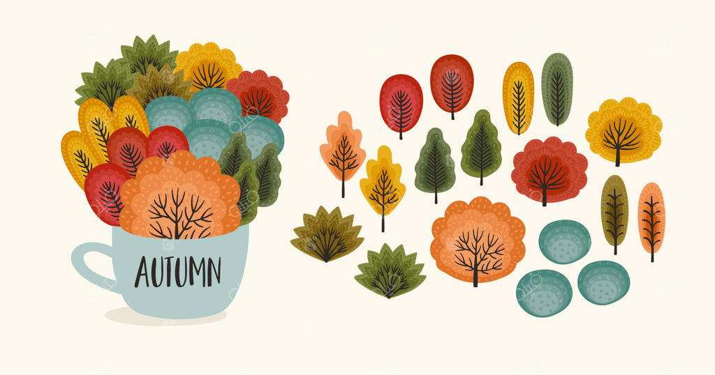 مجموعه‌ای از عناصر درختان انتزاعی پاییزی برای خلق ترکیب‌ها