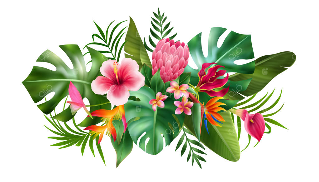 ترکیب واقع‌گرایانه گل‌های خاص و عجیب و برگ‌های سبز - تصویر برداری گل آرایی