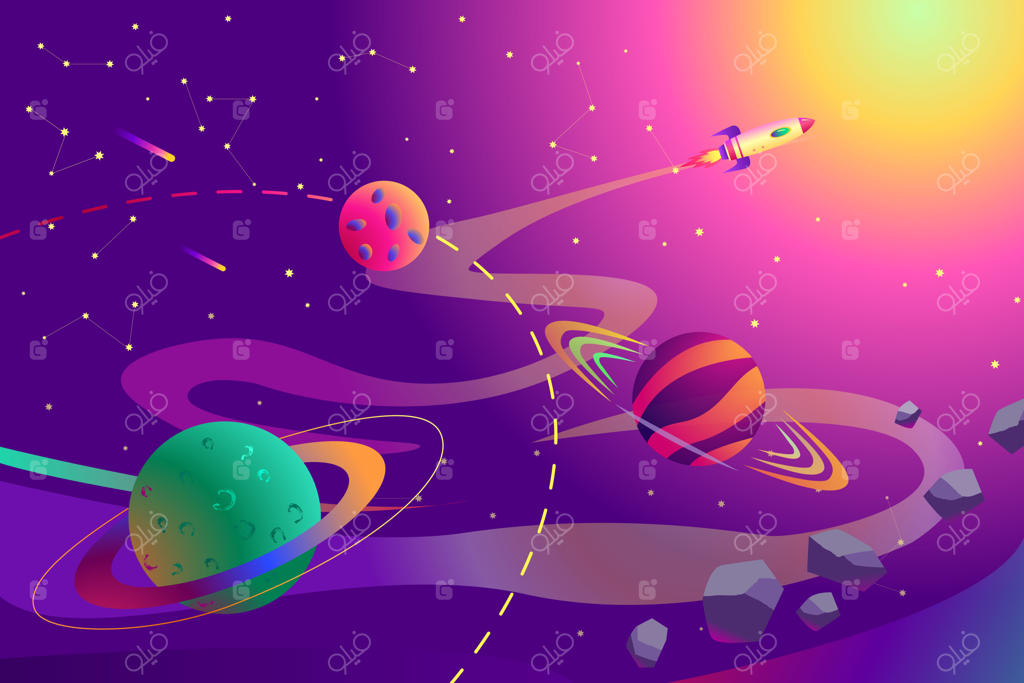 تصویر وکتوری سیارات فضایی با مدارها، ستاره‌ها، شهاب‌سنگ‌ها و موشک در حال پرواز در فضا