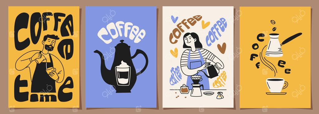مجموعه طرح‌های باریستا قهوه بر روی زمینه‌ای مینیمال برای پوسترها، دعوت‌نامه‌ها، جلدها، منوها و سایر قالب‌های طراحی و دکوراسیون. تصویرسازی به سبک دودل