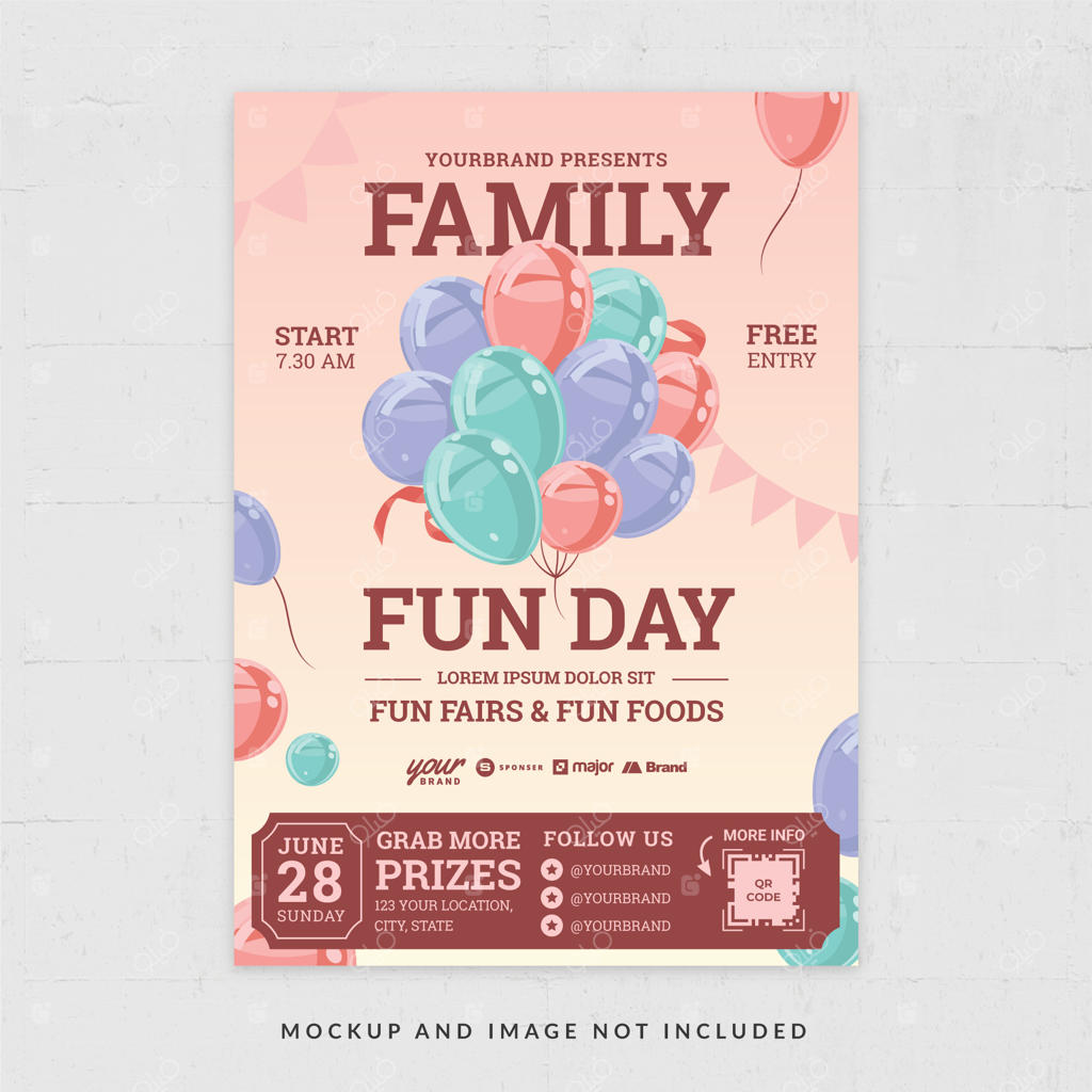 قالب فلایر وکتور برای رویداد خانوادگی روز پر از تفریح با تم بادکنک‌های صورتی