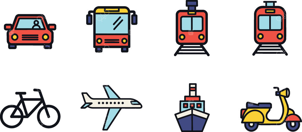 نمادهای متنوع حمل‌ونقل شامل ماشین‌ها، اتوبوس‌ها، قطارها، هواپیماها، دوچرخه‌ها، کشتی‌ها و اسکوترها