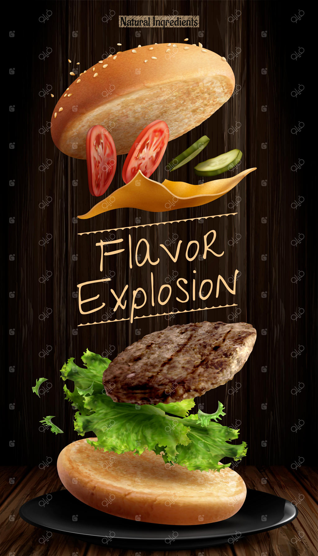 آگهی‌های خوشمزه همبرگر با مواد پرنده در پس‌زمینه چوبی