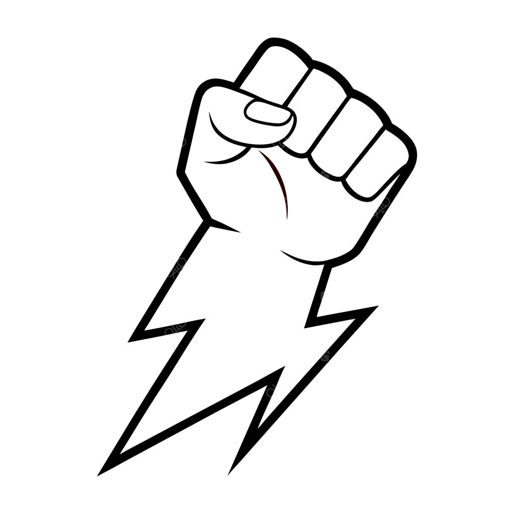 مشت گره‌کرده رو به بالا همراه با رعد و برق، نماد اعتراض و لوگوی باشگاه بدنسازی