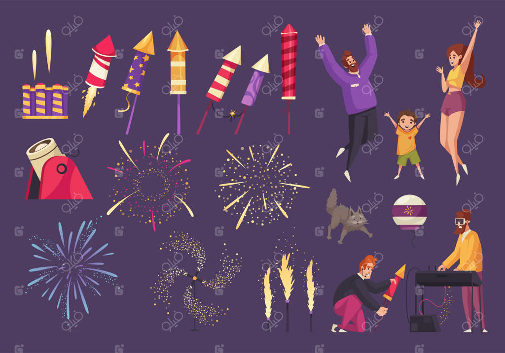 مجموعه آیکون‌های آتش‌بازی با نمادهای جشن - تصویرسازی فلت و مجزا