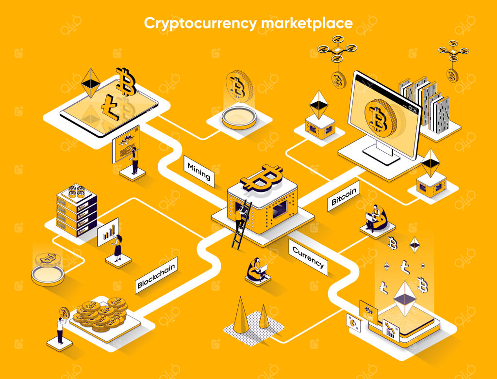 بنر وب بازار ارزهای دیجیتال با طراحی ایزومتریک