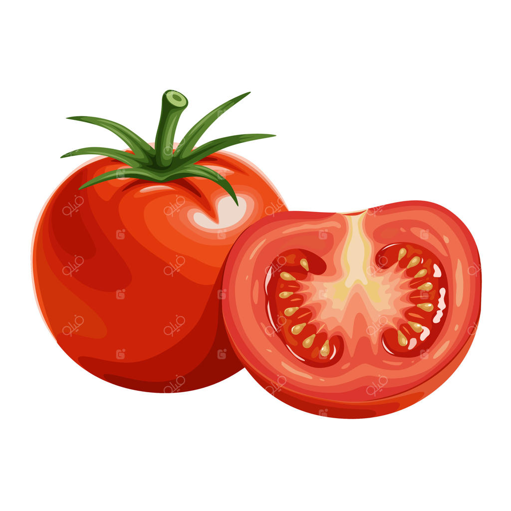 تصویری از گوجه‌فرنگی‌های کامل و نصف شده، بر روی زمینه سفید.