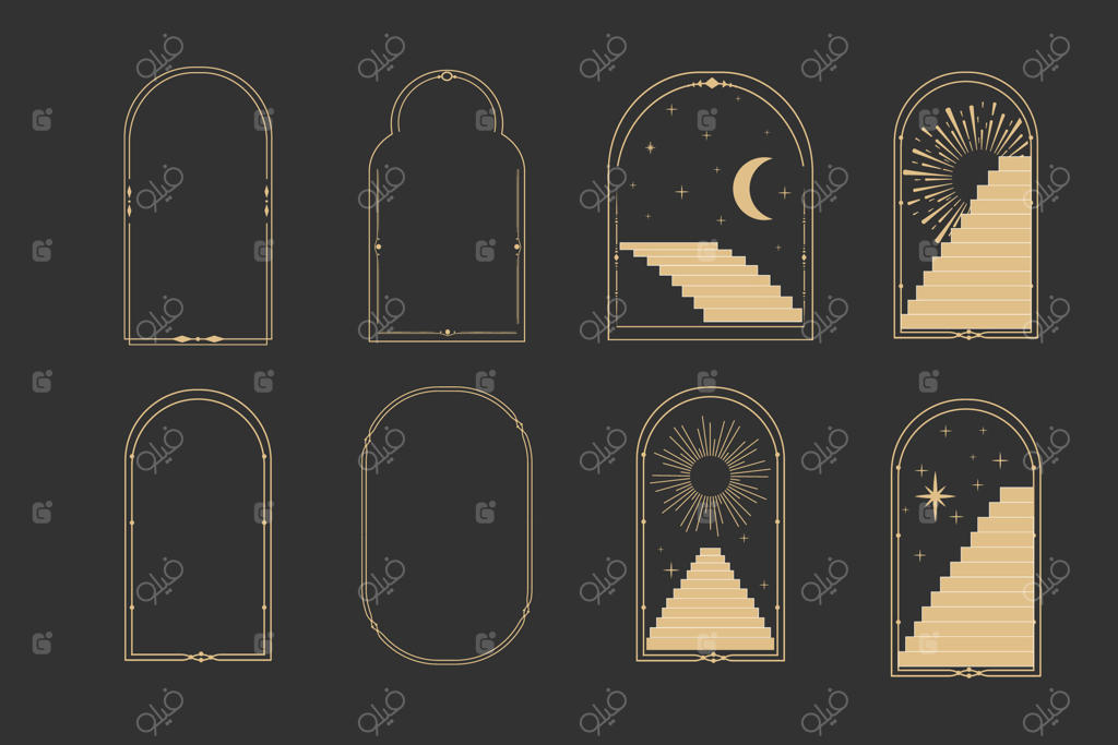 قاب خطی پنجره قوس آسمانی، رمزآلود با پله‌ها و نمادهای نجومی خورشید و ماه، حاشیه خطی، تتوی مینیمال ایزوله. نماد معنوی اسرارآمیز.