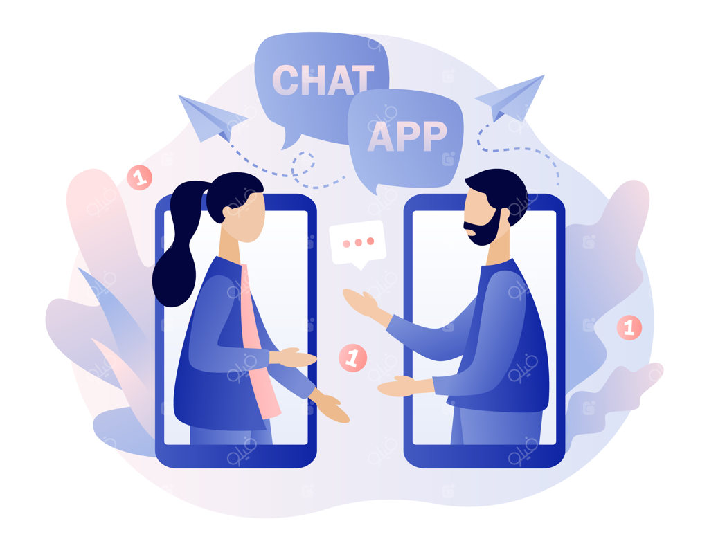 اپلیکیشن چت موبایل: افراد کوچک در حال گفتگو در صفحه نمایش گوشی هوشمند، ارتباطات آنلاین