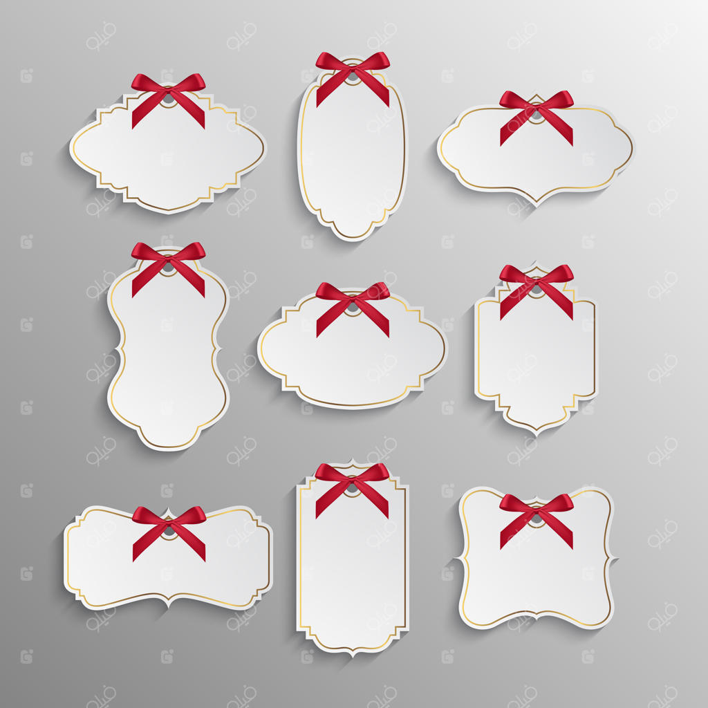 مجموعه‌ای از اتیکت‌های شیک با پاپیون‌های قرمز