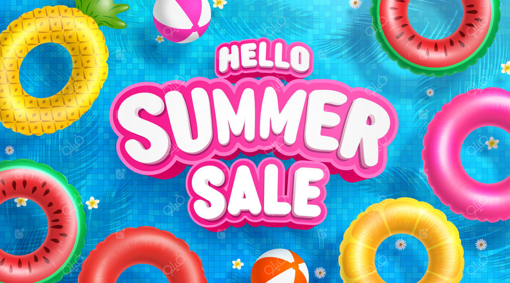 قالب پوستر و بنر حراج تابستانه با رنگ‌های جذاب روی آب در پس‌زمینه استخر کاشی‌کاری شده