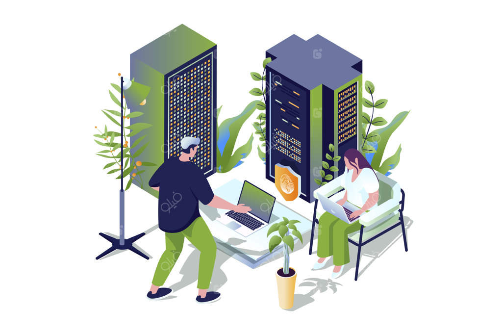 مفهوم مرکز داده در طراحی ایزومتریک سه‌بعدی: افراد در اتاق سرور در حال مدیریت و نظارت بر پردازش داده‌ها و خدمات میزبانی سخت‌افزار با امنیت سایبری هستند - تصویرسازی تحت وب وکتور
