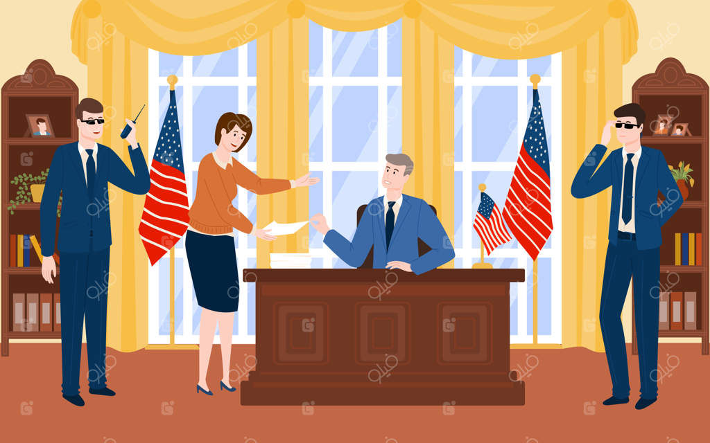 رئیس‌جمهور در دفتر کار با منشی و دو محافظ - تصویر وکتور تخت