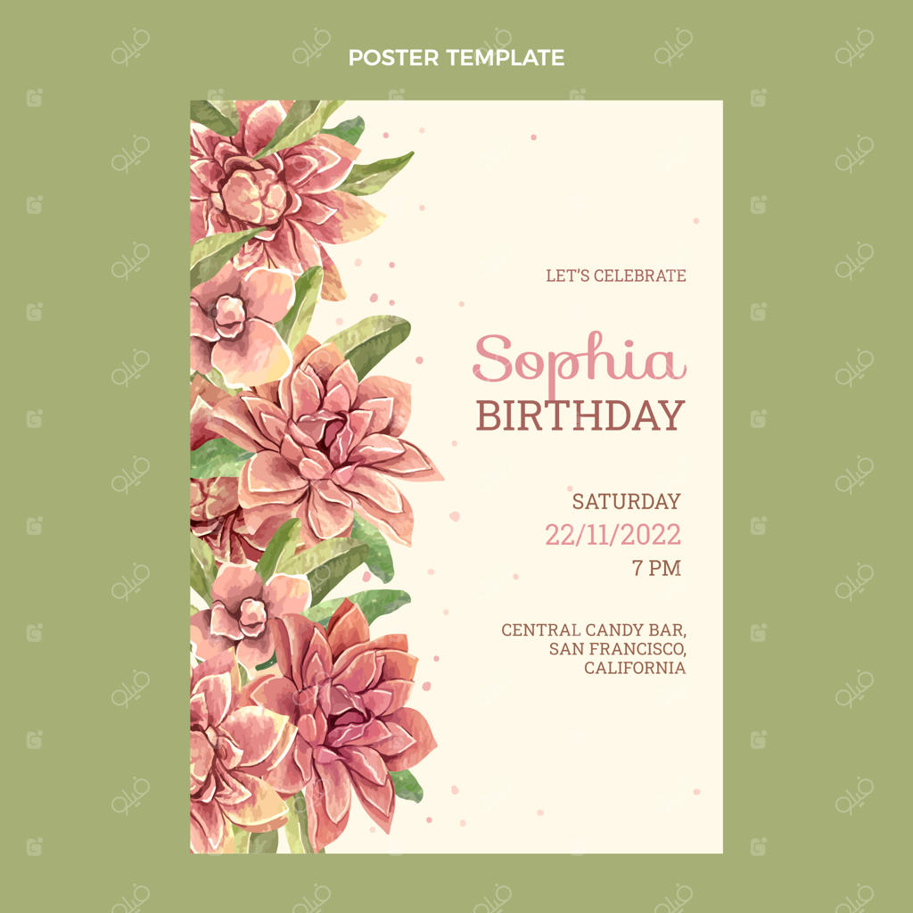 پوستر تولد نقاشی شده با آبرنگ دستی