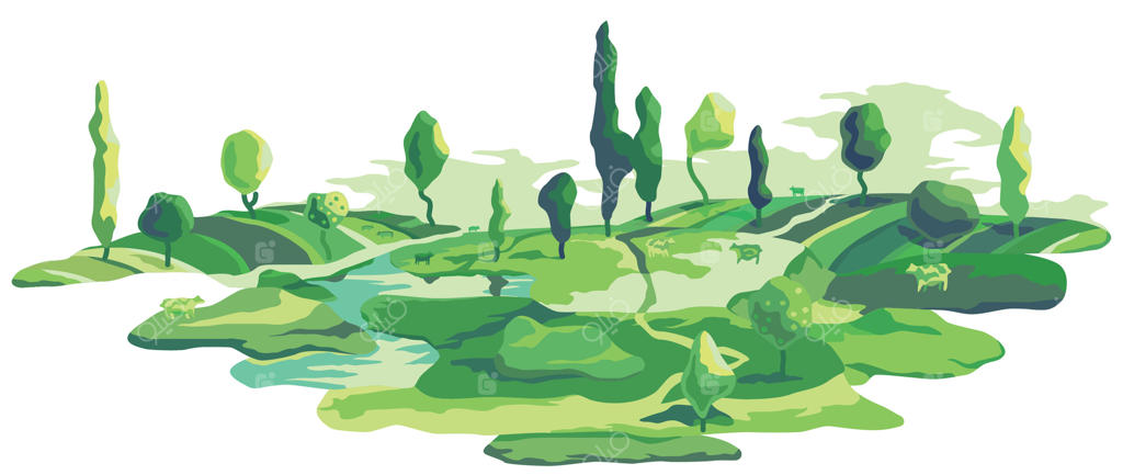 باغ روستایی با مراتع سبز و دشت‌های زیبا و درختان، منظره تپه‌ای طبیعت. نمای پانوراما از روستا با رودخانه