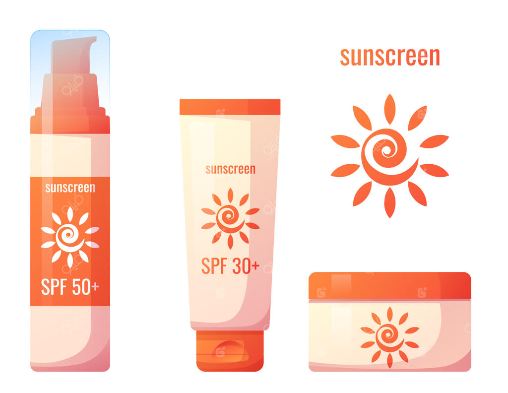 مجموعه‌ کرم‌های ضدآفتاب و محصولات آرایشی برای محافظت از خورشید - لوله، قوطی و ظرف، طرح تابستانی