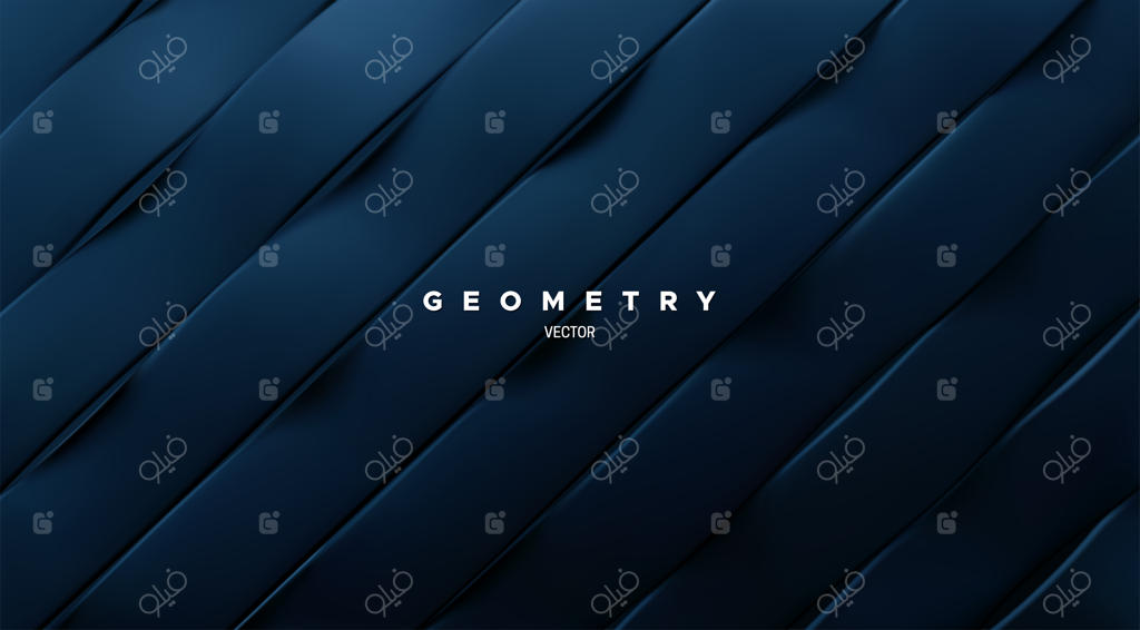 پس‌زمینه هندسی انتزاعی با روبان‌های موج‌دار مورب به رنگ آبی تیره