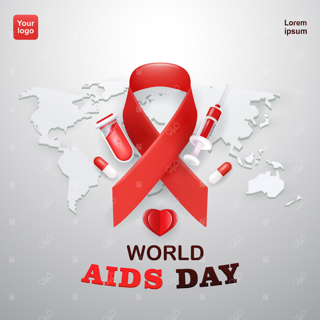 روز جهانی ایدز. روبان قرمز، قرص‌ها، سرنگ‌ها و نتایج آزمایش خون روی نقشه جهان. بردار سه‌بعدی، مناسب برای آموزش سلامت، عناصر طراحی و رویدادها