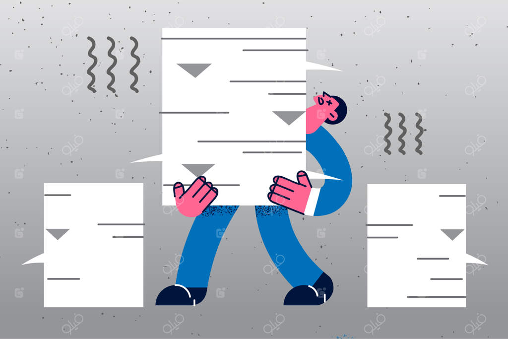 تاجر خسته در حال حمل دسته‌ای از اسناد برای اتمام وظایف قبل از ضرب‌الاجل در دفتر کار. کارمند مرد با انبوهی از کاغذها زیر بار کار خسته و فرسوده. مفهوم کار بیش‌ازحد و خستگی. تصویرسازی وکتور.