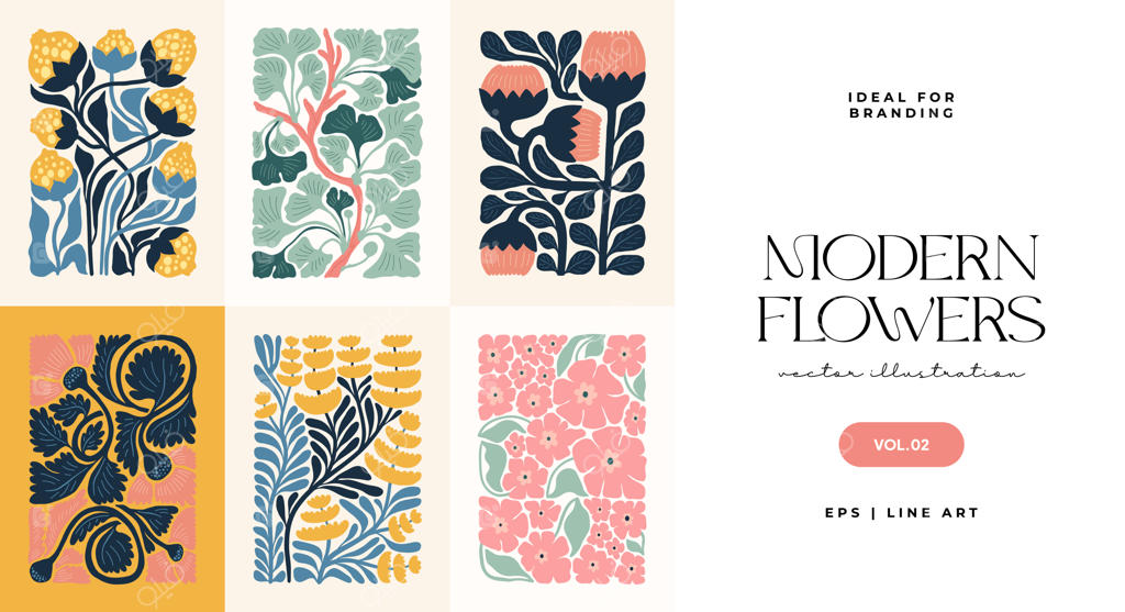 پوستر گل‌دار انتزاعی با ترکیب‌بندی گیاهی مدرن به سبک مینیمال و ماتیس