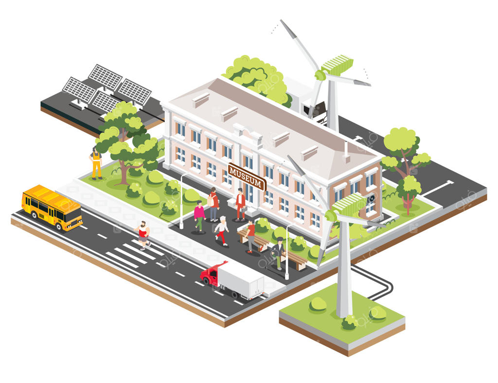 نمای موزه از زاویه ایزومتریک. پنل‌های خورشیدی و توربین‌های بادی. حفاظت از محیط زیست. انرژی پایدار. ماشین‌ها، درختان و نیمکت‌ها. مردمی که در حال قدم زدن هستند.