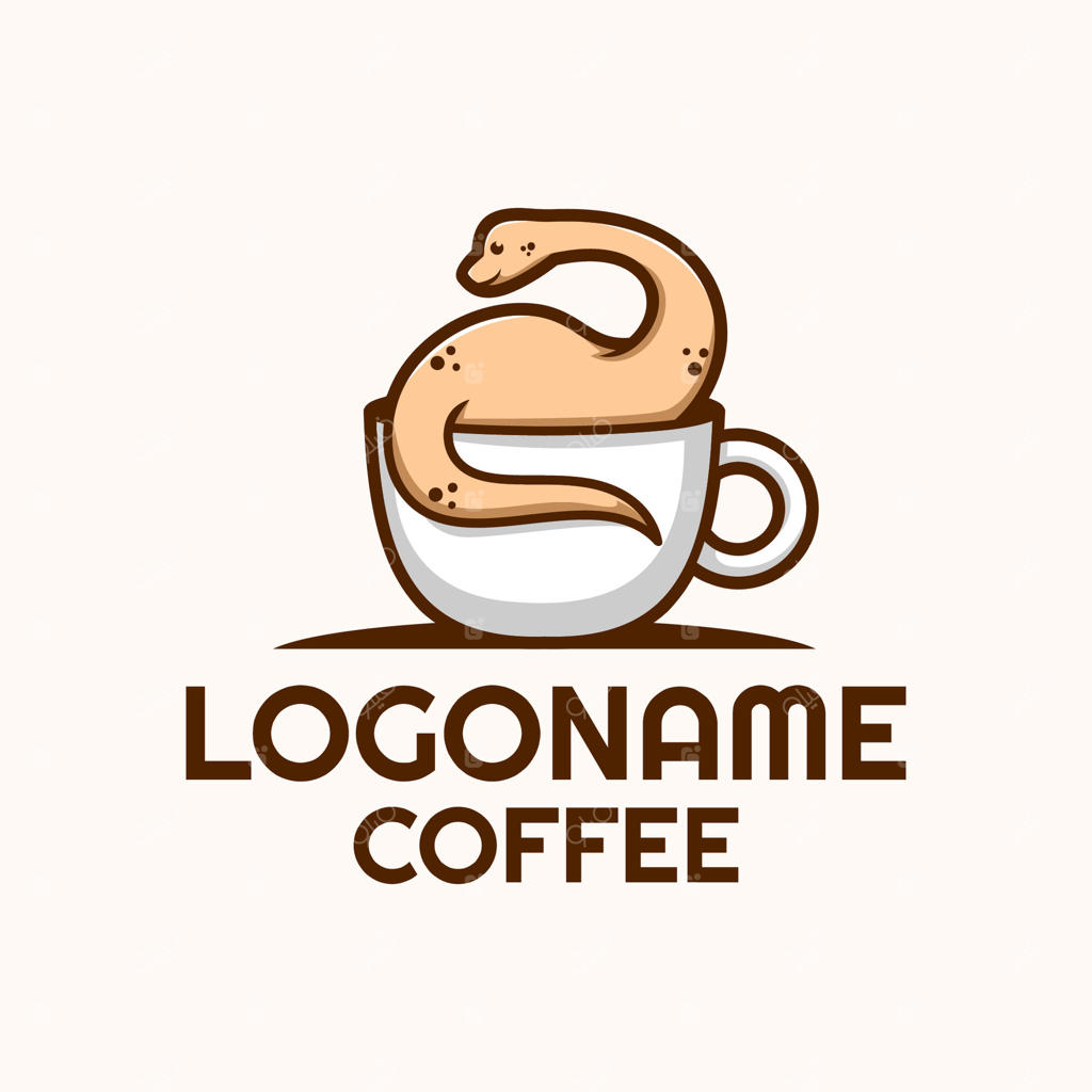 قالب لوگوی قهوه با طرح دایناسور و فنجان مناسب برای رستوران و کافه