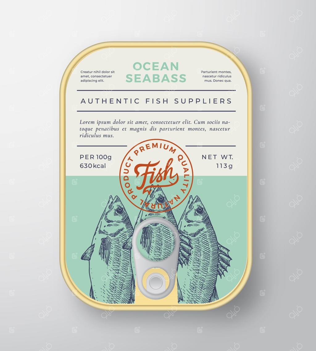 طرح بسته‌بندی قوطی ماهی اقیانوسی - طرح انتزاعی با تایپوگرافی مدرن و سیلوئت ماهی شیر