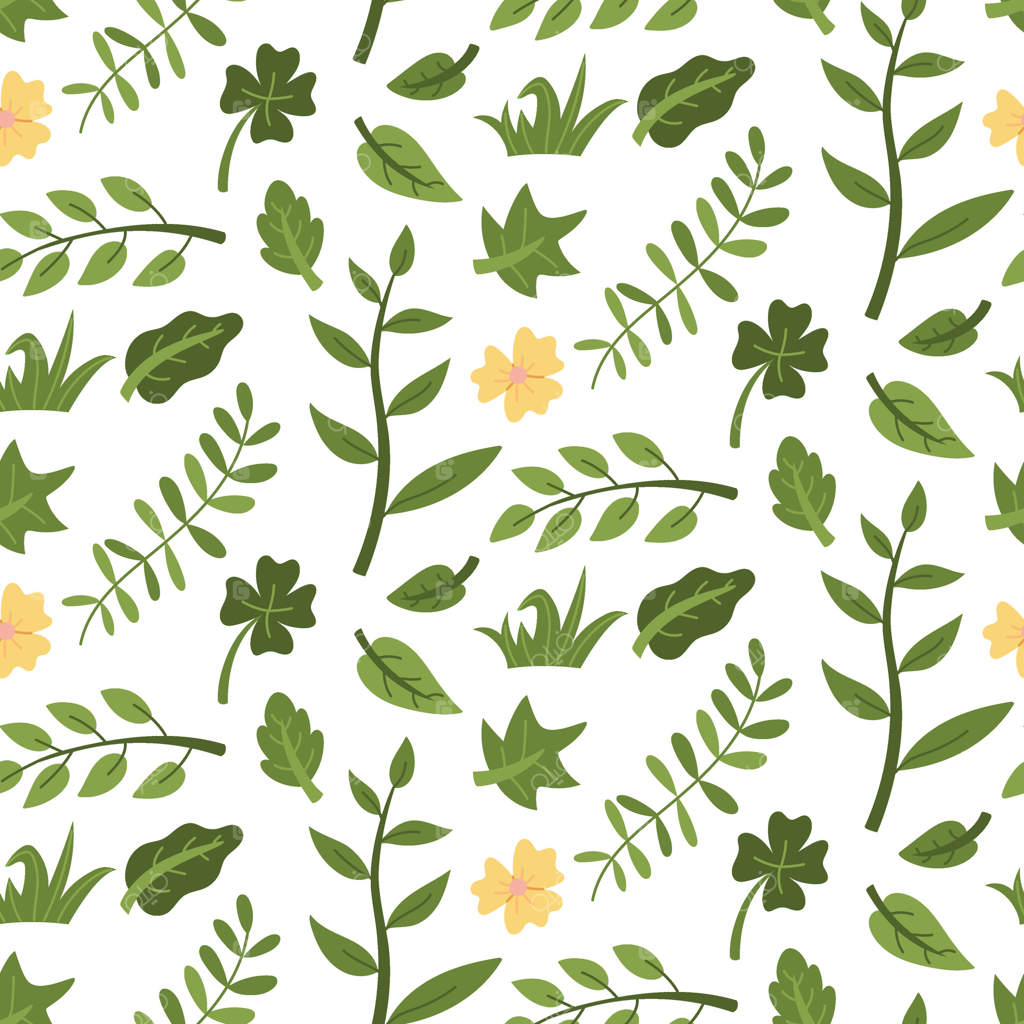 پترن شاخه‌ها و برگ‌های سبز باغ: گل‌ها، بوته‌ها، شاخه‌ها و چمن. تصویرسازی ساده با بافت. سبزی در باغ. مناسب برای تزیین پروژه‌های کودکانه و طبیعی، چاپ‌ها.