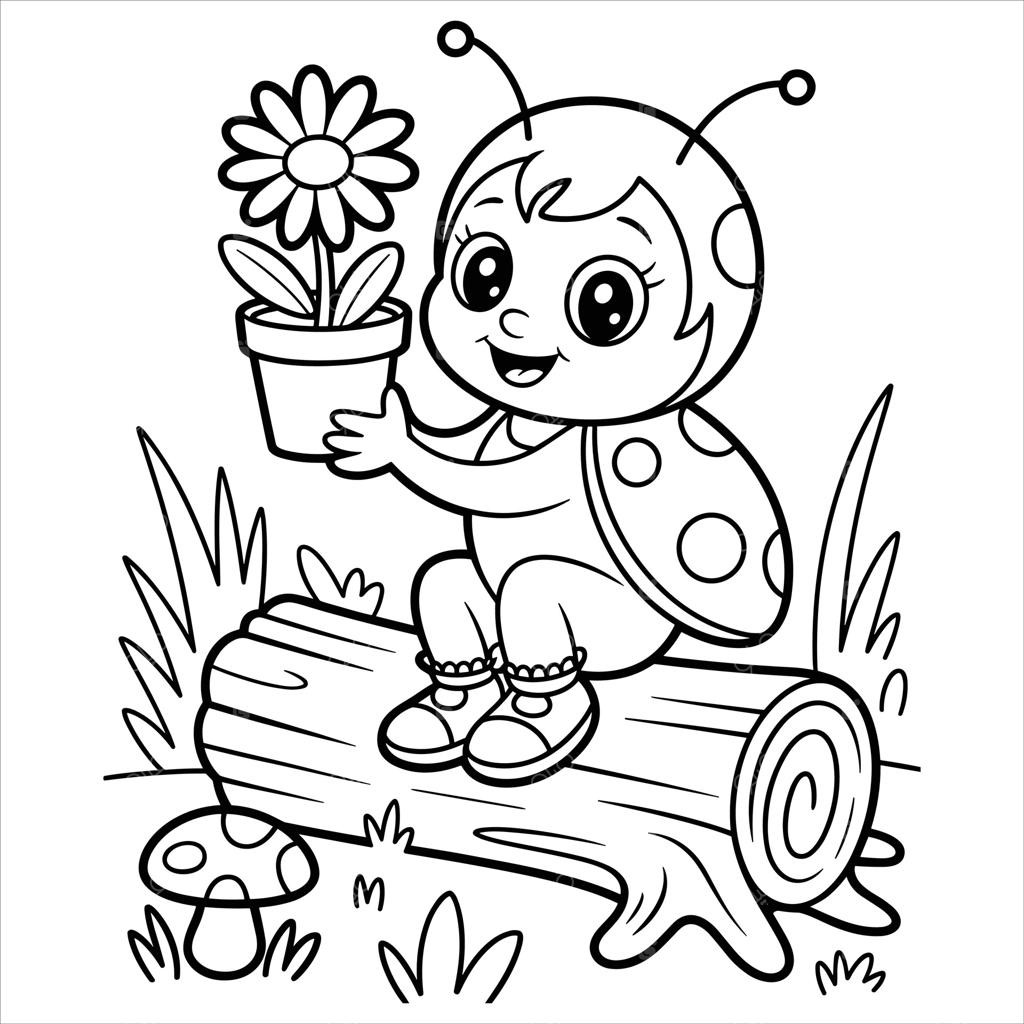 صفحه رنگ‌آمیزی دختر کفشدوزک بامزه با گلدان گل