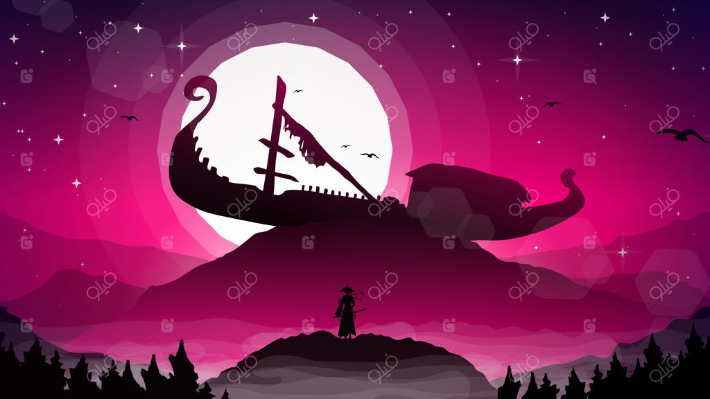 پس‌زمینه سامورایی ژاپنی در منظره‌ای فانتزی و سایبرپانک
