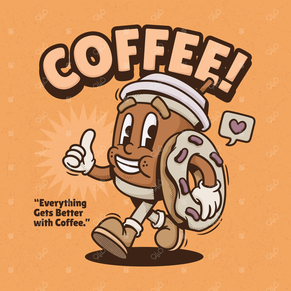 شخصیت کارتونی فنجان قهوه بامزه با دونات برای ناهار