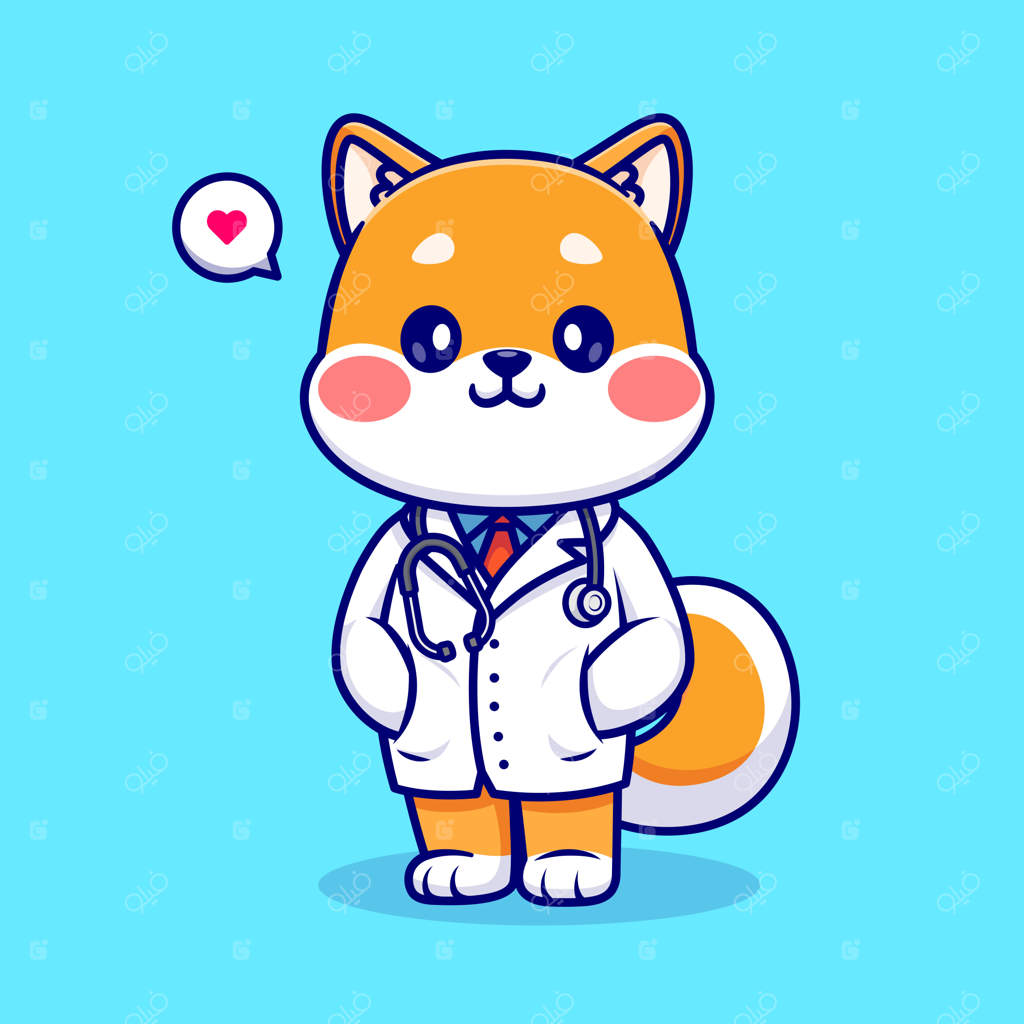 تصویر کارتونی آیکون وکتور سگ شیبا اینو بامزه به شکل دکتر با گوشی پزشکی. سلامت حیوانات به صورت مجزا